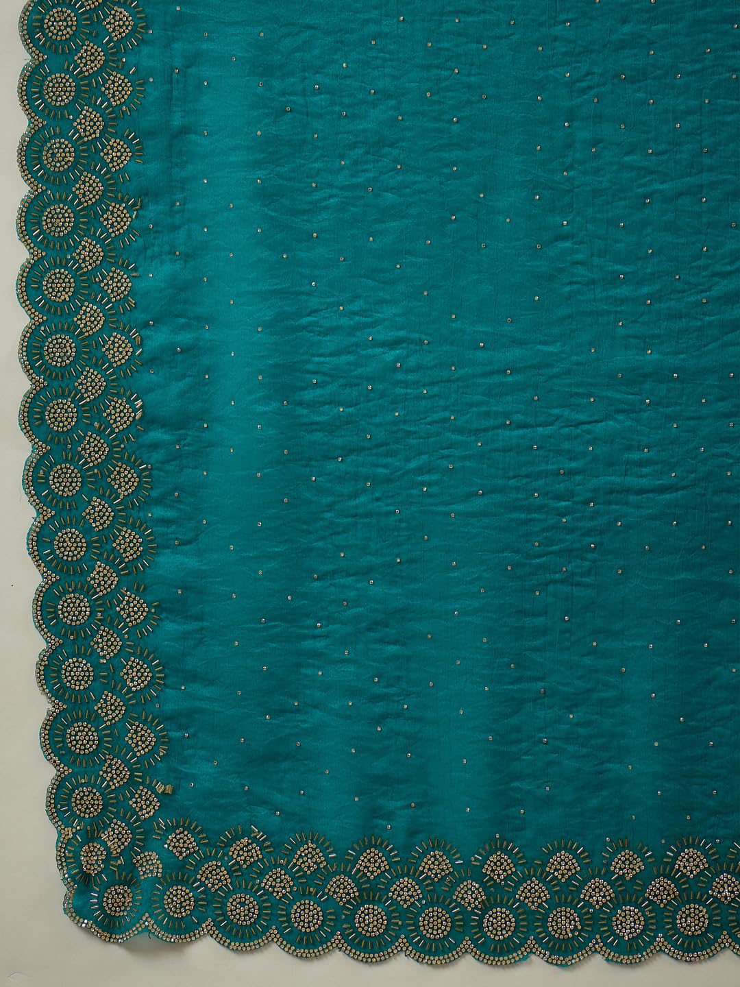 AKHILAM AKHILAMWomen'sTealblueSatinSilkBeads&StonesWorkScallopedBorderSareeWithUnstitchedBlousePiece|sareeforwoman|DesignerSareeforWomen|Soft and Skin Friendly(VT6074B_VM)