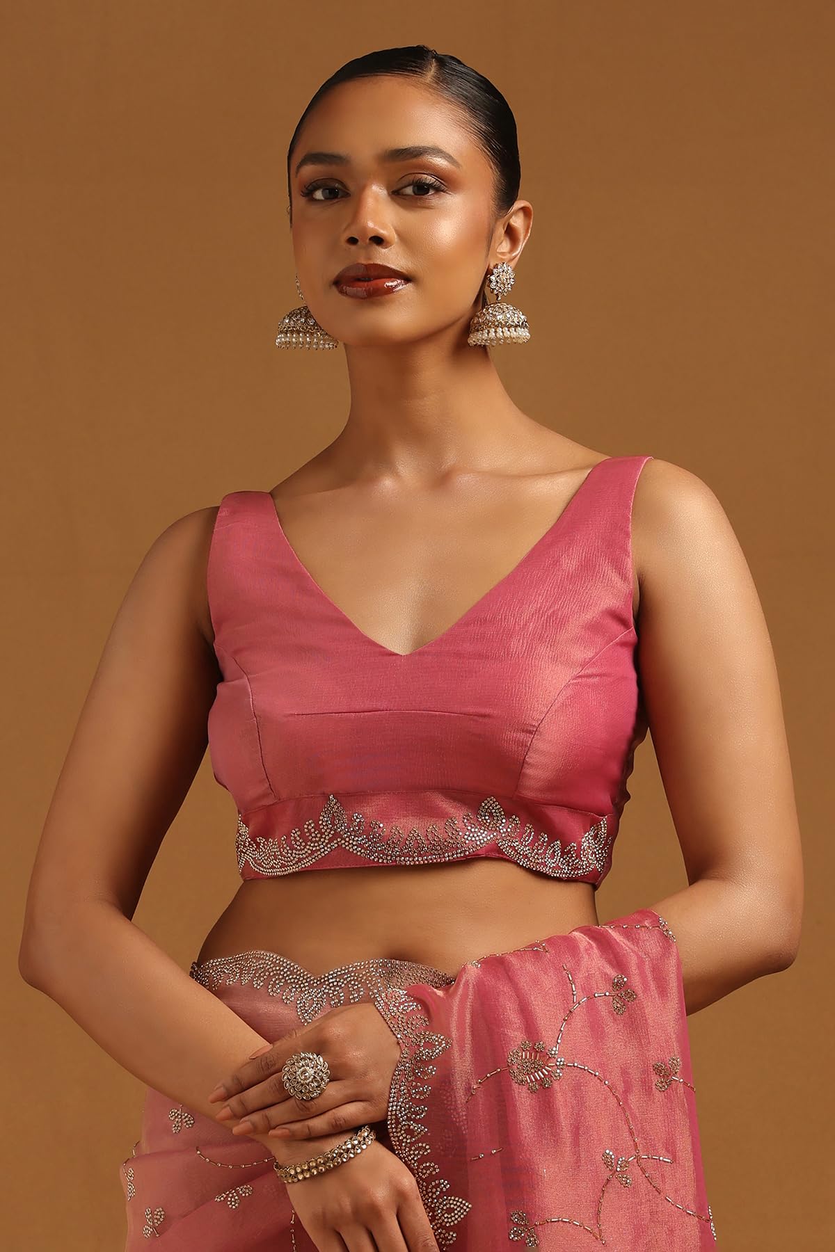 Soch Womens Onion Pink Fendy Organza Embellished Saree With Stone Work
