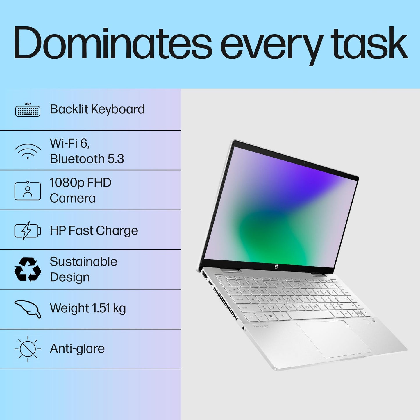 HP Pavilion x360, 13th Gen Intel Core i5-1335U Laptop (16GB DDR4, 512GB SSD) Touchscreen, 14"/35.6cm, FHD, Win 11, Office 21, Silver, 1.51kg, Iris Xe, FPR, 5MP Camera, Backlit KB, Pen, ek1074TU