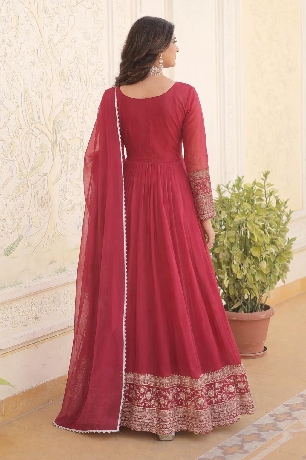 Leeli Peeri Designer Women's Georgette Embroidery Red Ready to Wear Gown with Dupatta
