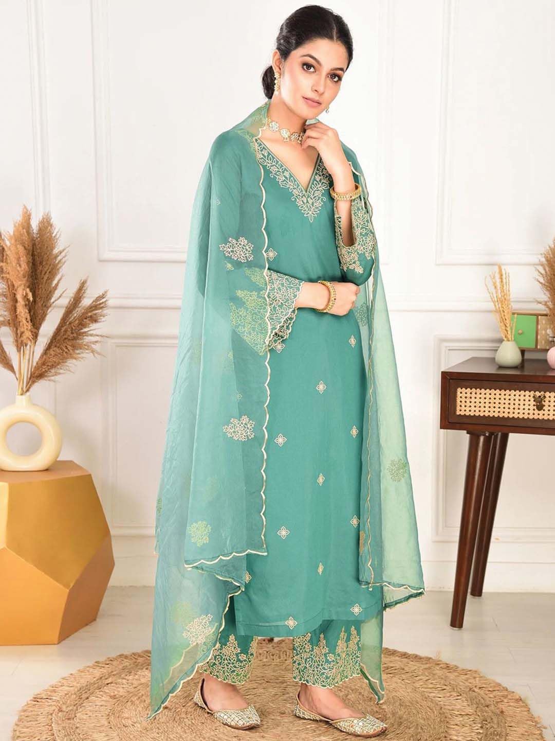 TWINLIGHT Women's Silk Blend Salwar Suit Set | V Neck Full Sleeves Embroidered Straight Length Kurta and Elastic Waistband Closure Solid Pant with Jacquard Border Dupatta | LF-NEHA_Rama_2XL