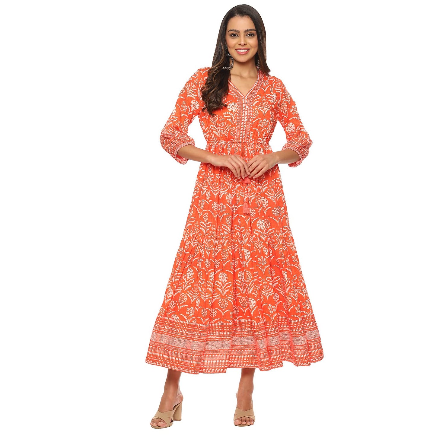 BIBA Women Printed Mix and Match Knee-Length Dress (Casual D1971_Orange_36)