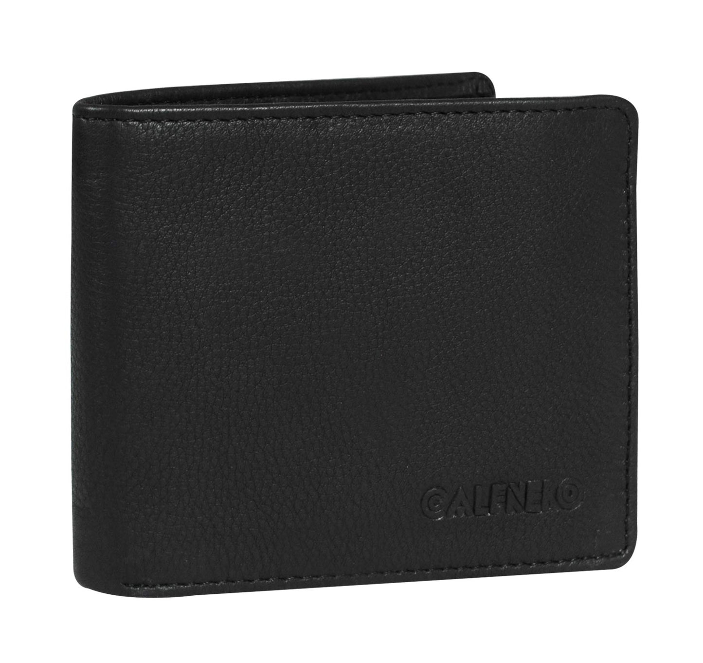 Men's Genuine Leather Bifold Wallet-Multiple Card Slots ID Window with Coin Pocket-Black Leather Wallet by Calfnero