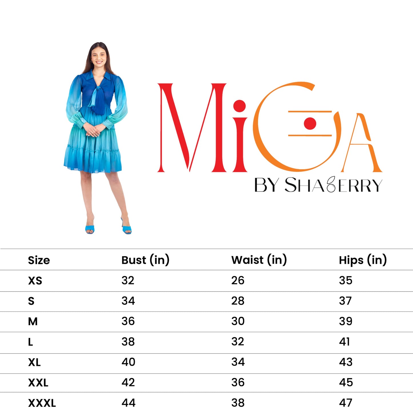 Miga by shaberry Miga Women Blue Polyester Chiffon Balloon Sleeve Fit & Flare Midi Dress (Ombre, Xl)