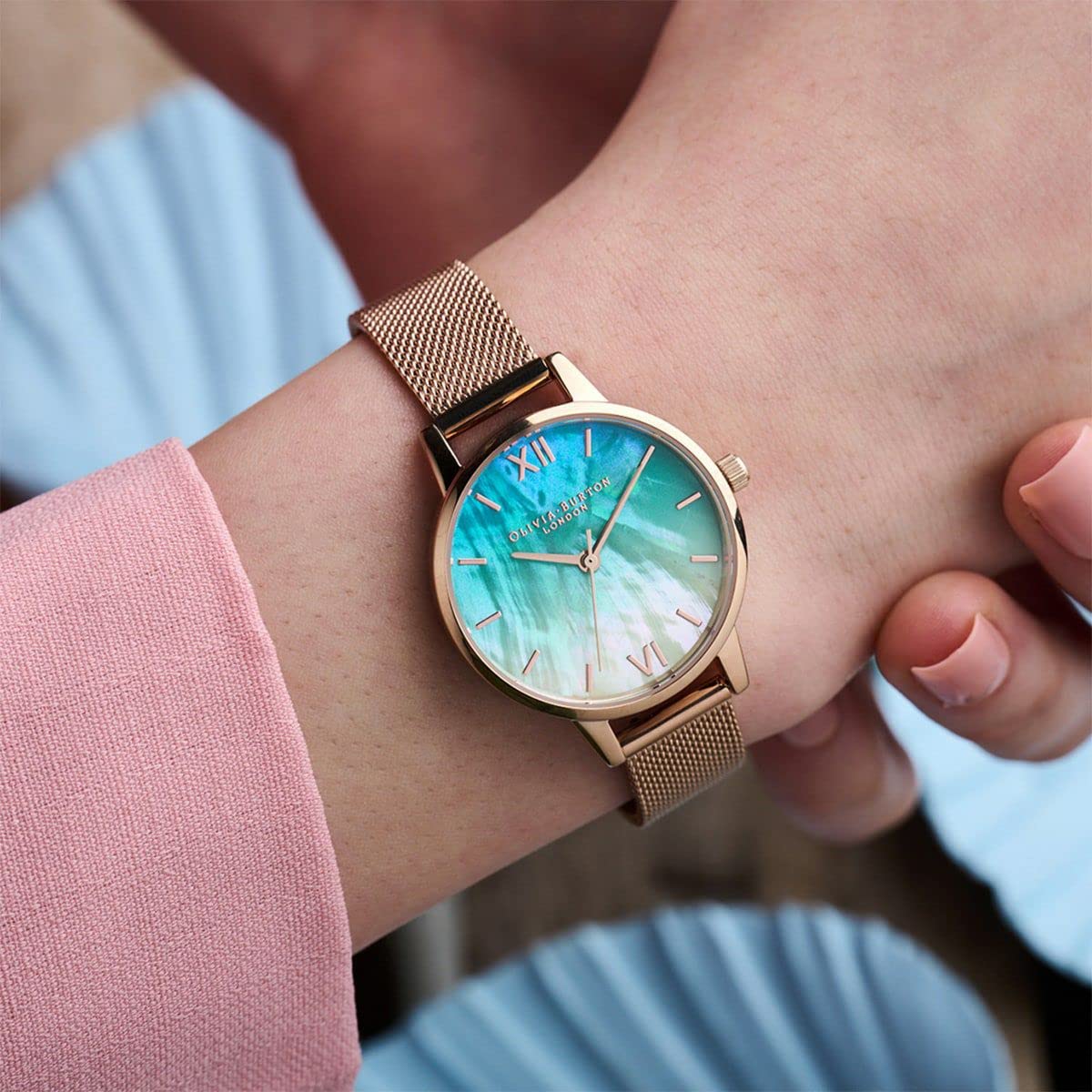 Olivia Burton Under The Sea Qtz Basic Slim Ombre Teal to White Mother of Pearl Round Dial Women's Watch|Ionic Plated Rose Gold Steel Material|Gold Color Band - OB16US66