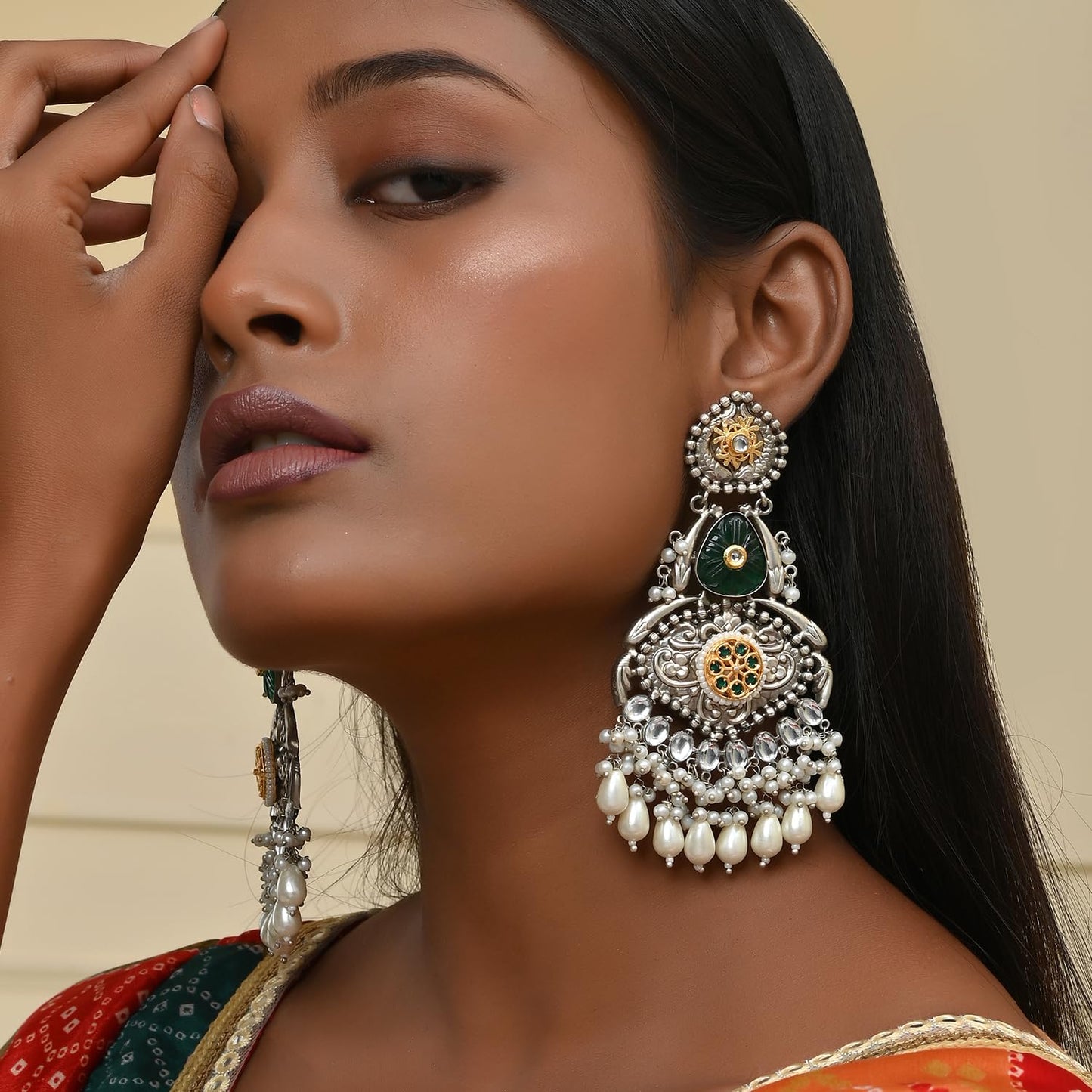 Voylla Antique Opulance Elegant Green Long Chandbali Earrings|Danglers Earrings For Women|Festive Earrings|Wedding|Party |Gift For Women|