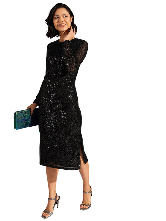 SASSAFRAS Women's Sequin Below Knee Dress (SFDRSS12607_Black_2XL)