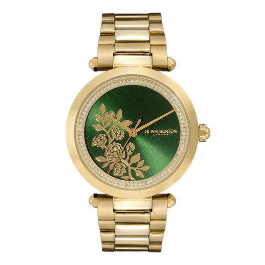Olivia burton Tbar Floral Qtz Basic Green & Stone Round Dial Women's Watch|Ionic Plated Gold Steel Material|Gold Color Band - 24000043