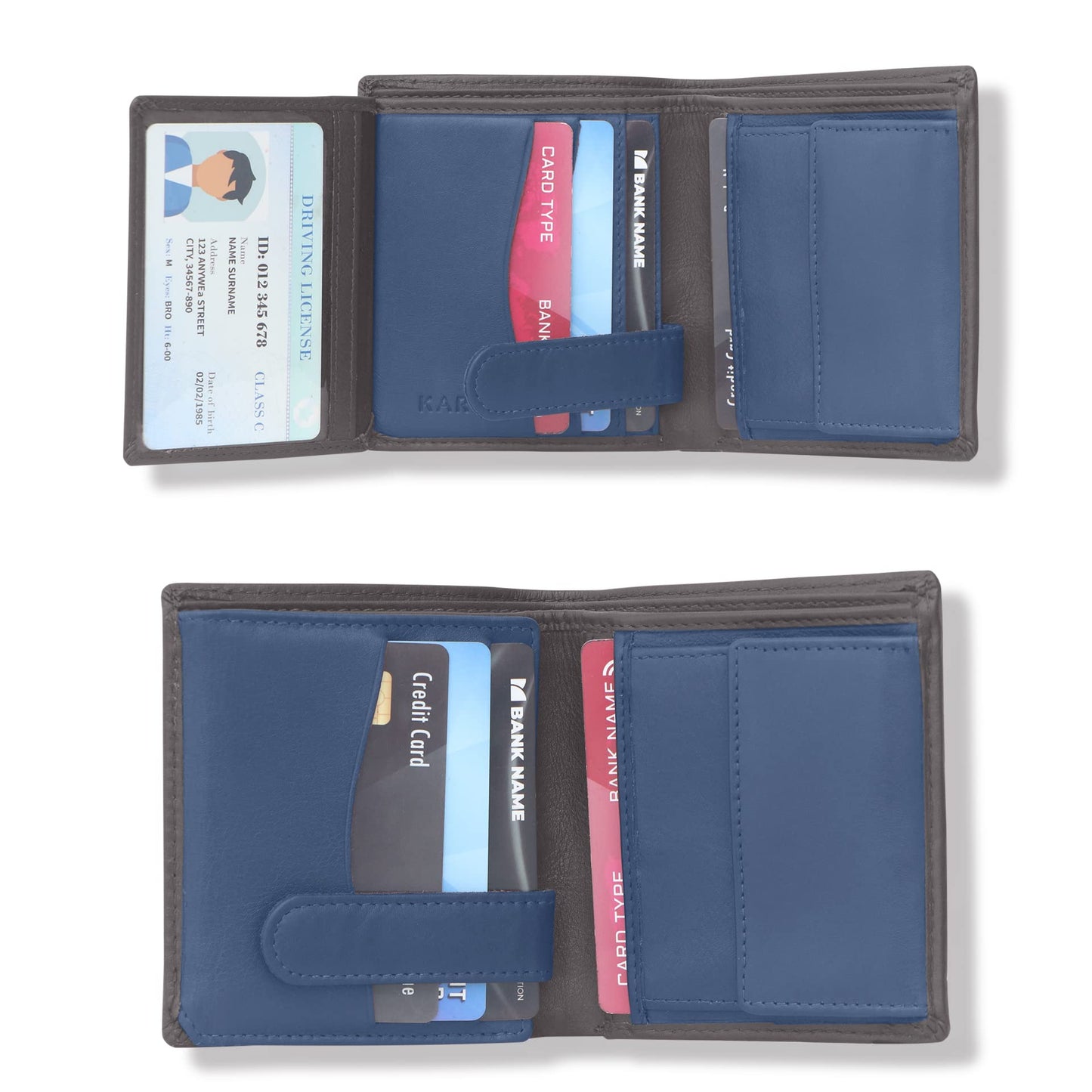 KARA Genuine Leather Wallet for Men - Bi Fold Vertical Dual Color Brown & Blue Men's Wallet with Six Business Card Holding Slots