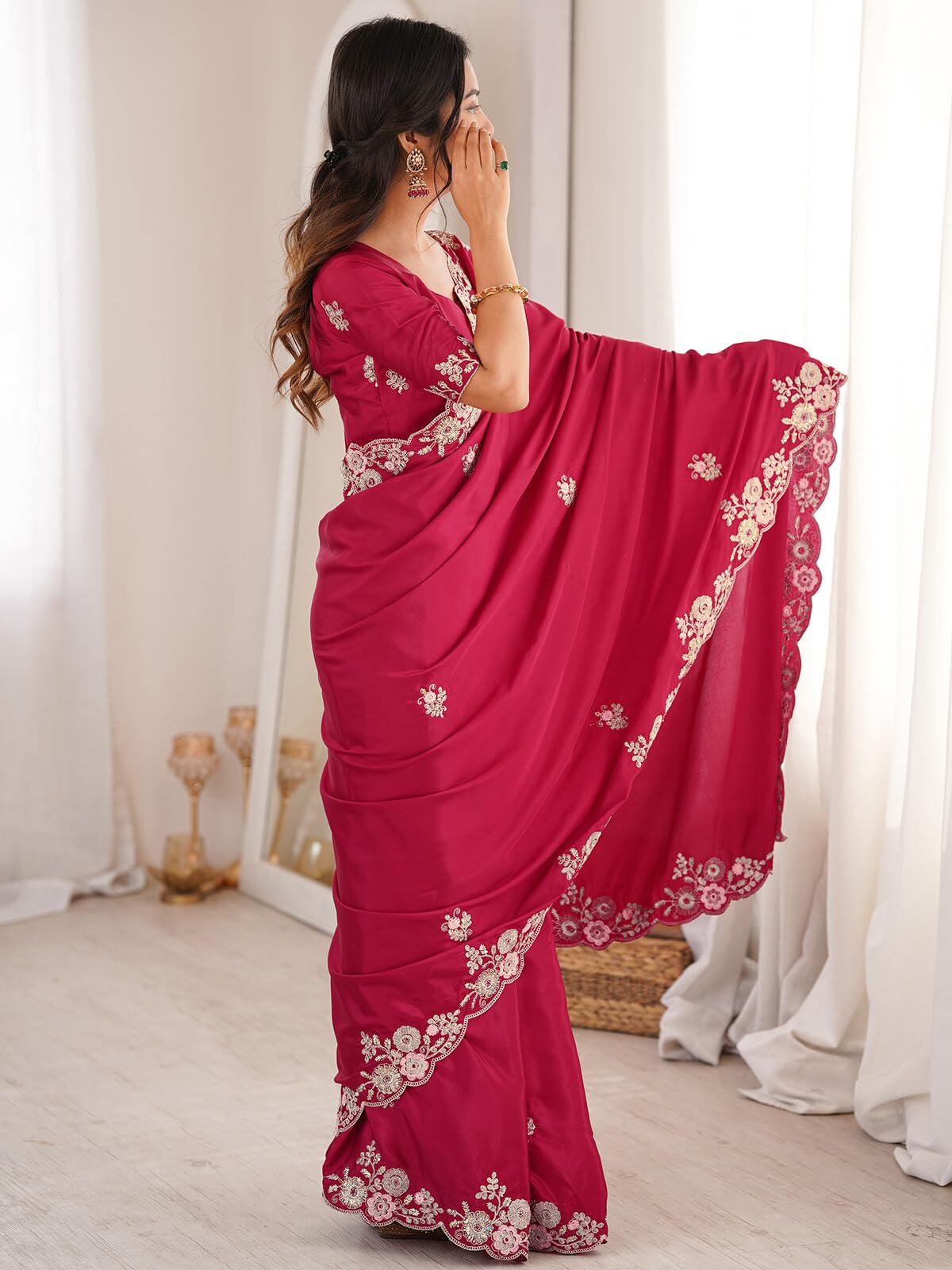 SIRIL Women's Crepe Silk Scalloped Border Sequin Embroidery Saree with Unstitched Blouse Piece (5301S7421_Cherry Red)