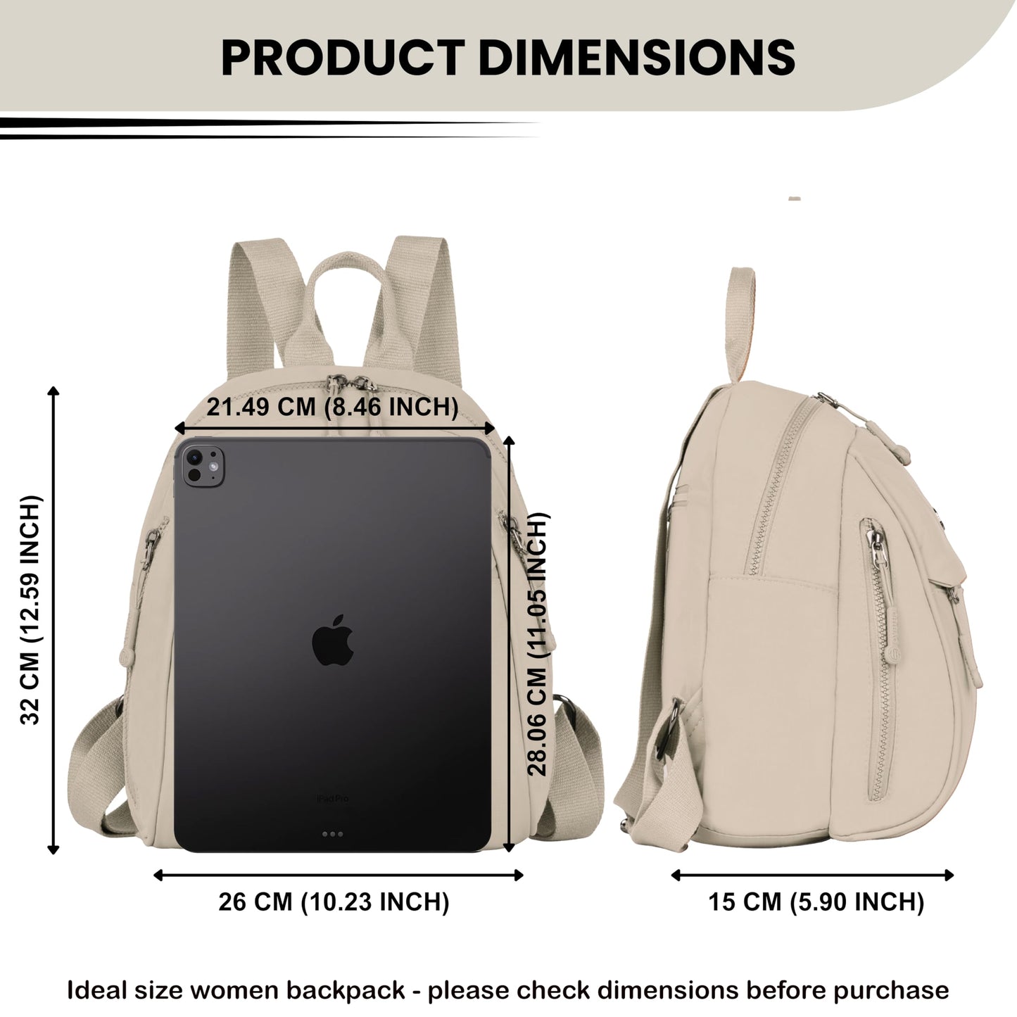 TS WITH TECHSUN Women Mini Backpack | Water-Resistant Compact Bag for Travel, Daily Use & Casual Outings | Fits Only Essentials (L) 26CM X (W) 15CM X (H) 32CM ((L) 26CM X (W) 15CM X (H) 32CM) BEIGE