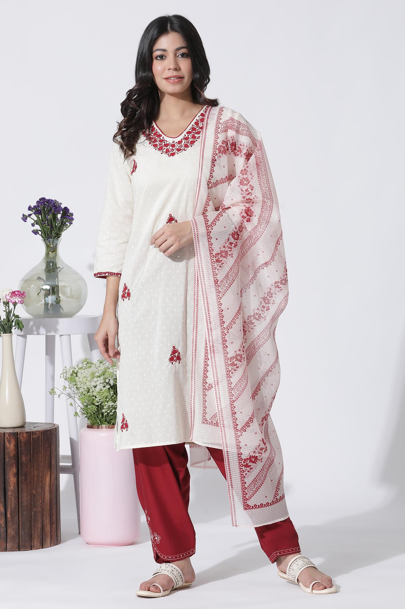 W for Woman White Embroidered Cotton Kurta, Salwar with Dupatta Set_24ONWS10609-221335_M