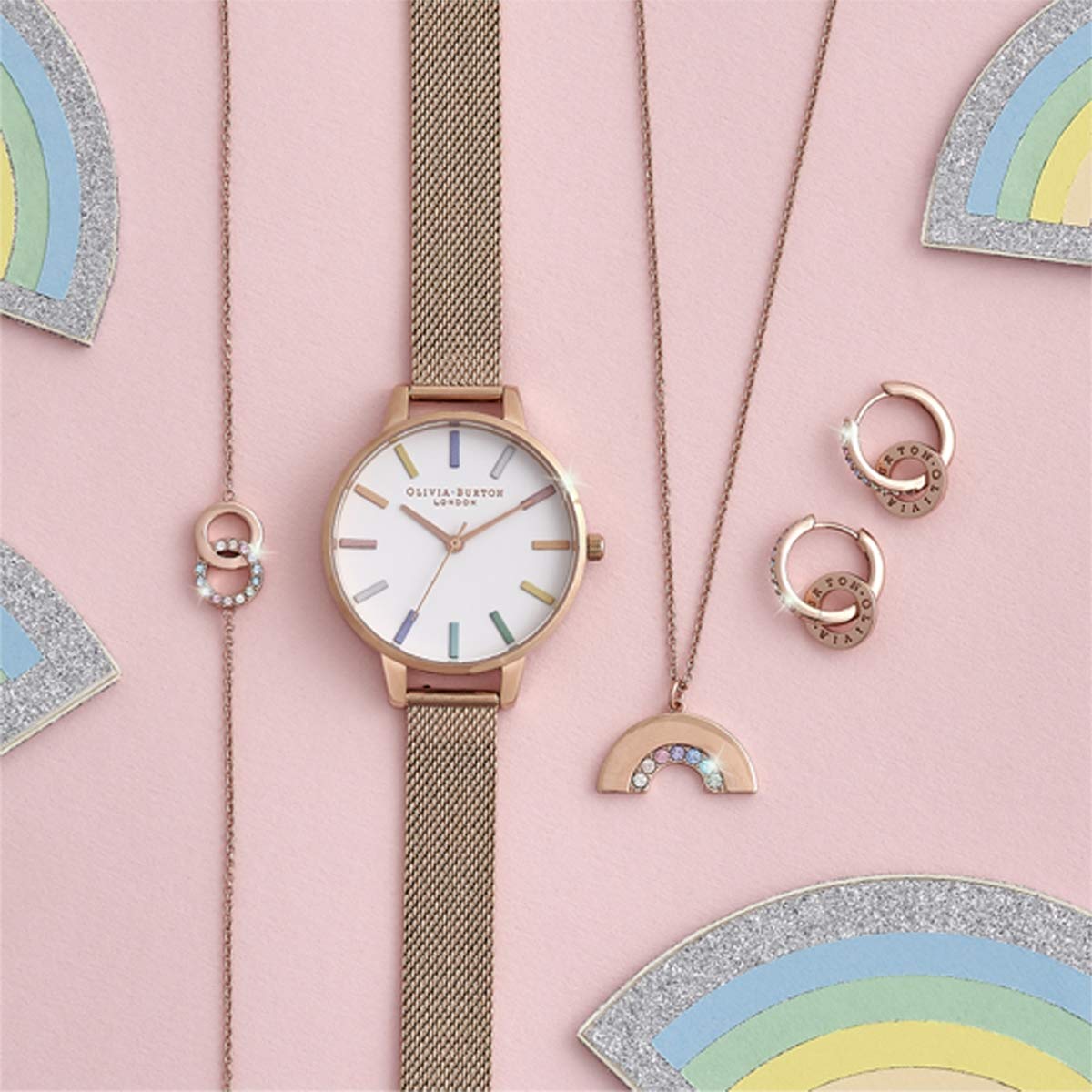 Olivia burton Rainbow Qtz Basic White & Stone Round Dial Women's Watch|Ionic Plated Rose Gold Steel Material|Gold Color Band - OB16RB24