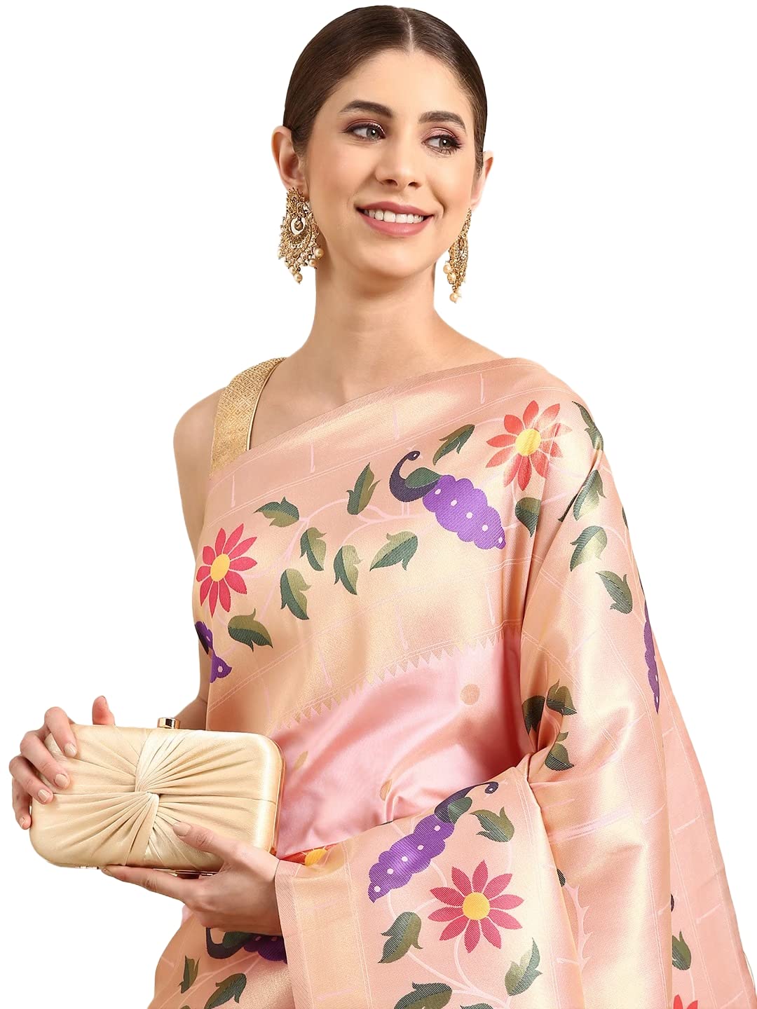 Pandadi Saree Women's Paithani Silk Saree With Unstitched Blouse Piece, Light Pink