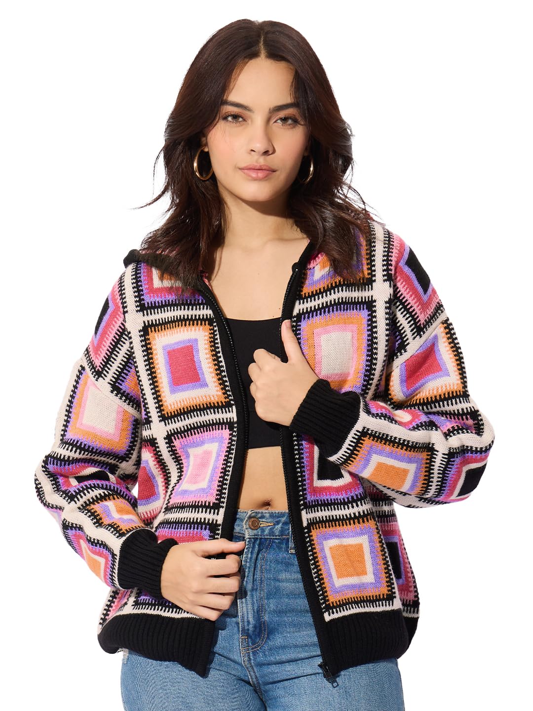 The Souled Store Originals : Prismatic Oversized Front Zip Knitted Sweaters for Womens and Girls