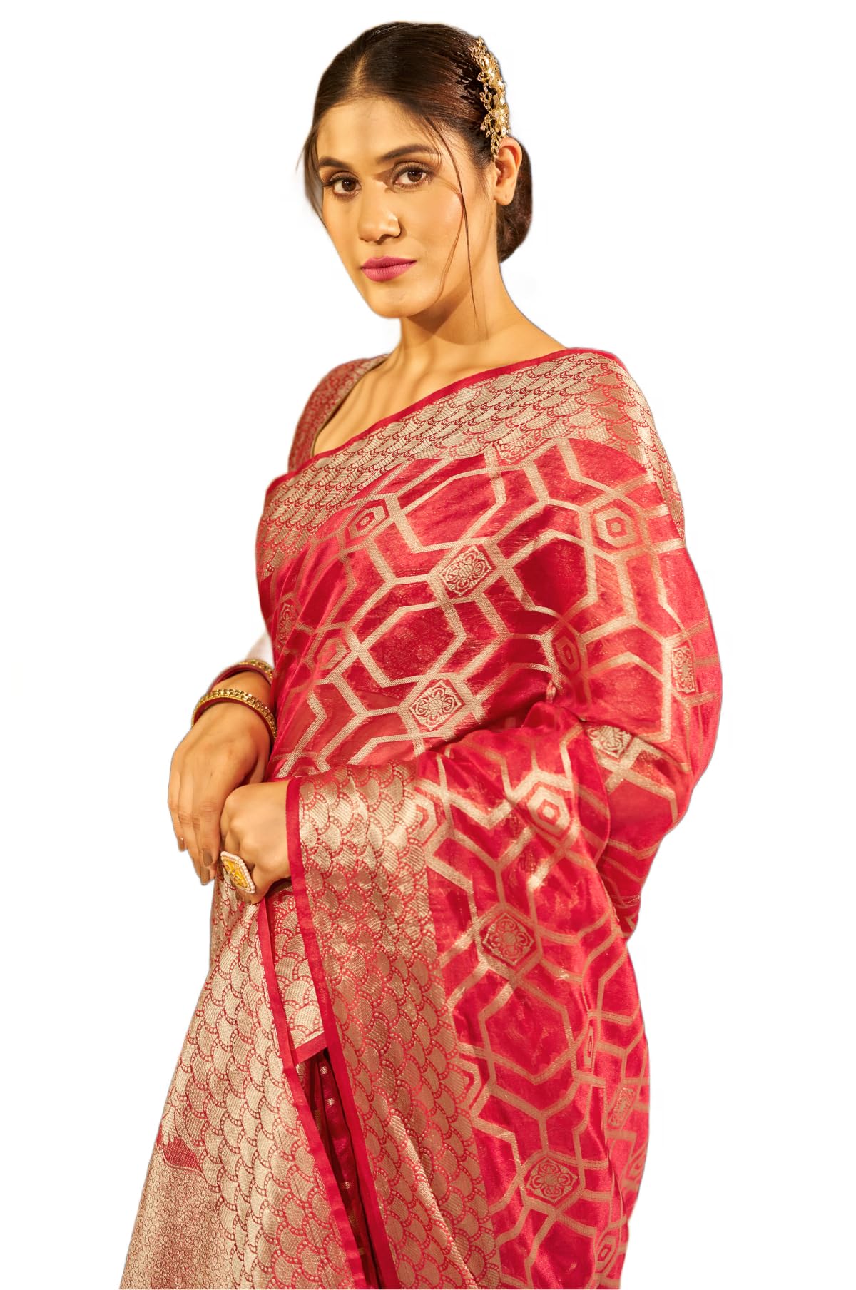 MADHUHANSH Womens Organza Plain Saree with Patola Printed Solid Pattern 6 Yard Length and Unstitched Blouse Piece