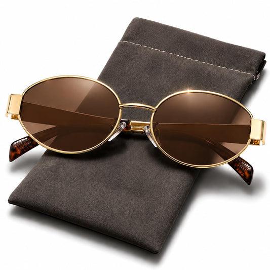 FAVELA Retro Oval stylish Sunglasses for Women & Men | Trendy Round Metal adjustable Sun Glasses Classic Shades | UV400 Protection Retro Oval Sunglasses Vintage Style Goggles. (Golden-Brown)