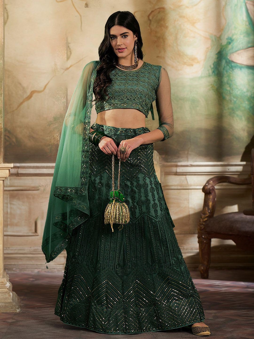 VARNI FABRICS Lehenga set for Women Heavy Net Multi Embroidered Zari Work Semi Stitched Lehenga for Women Wedding Ethnic Traditional Party Lehenga Choli with Dupatta | Green | Free Size