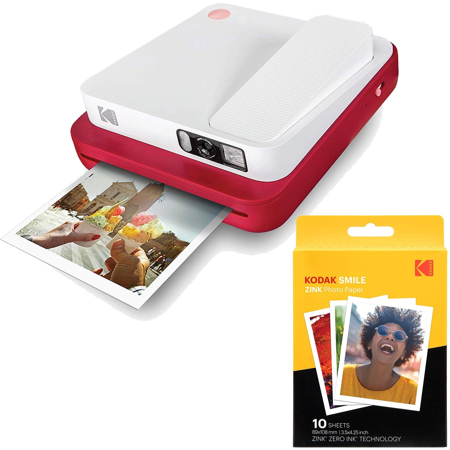 KODAK Smile Classic Digital Instant Camera with Bluetooth (Red) w/ 10 Pack of 3.5x4.25 inch Premium Zink Print Photo Paper.