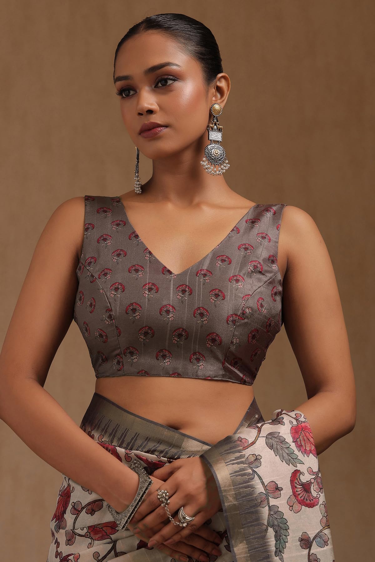 Soch Womens Cream Tussar Floral Print Saree