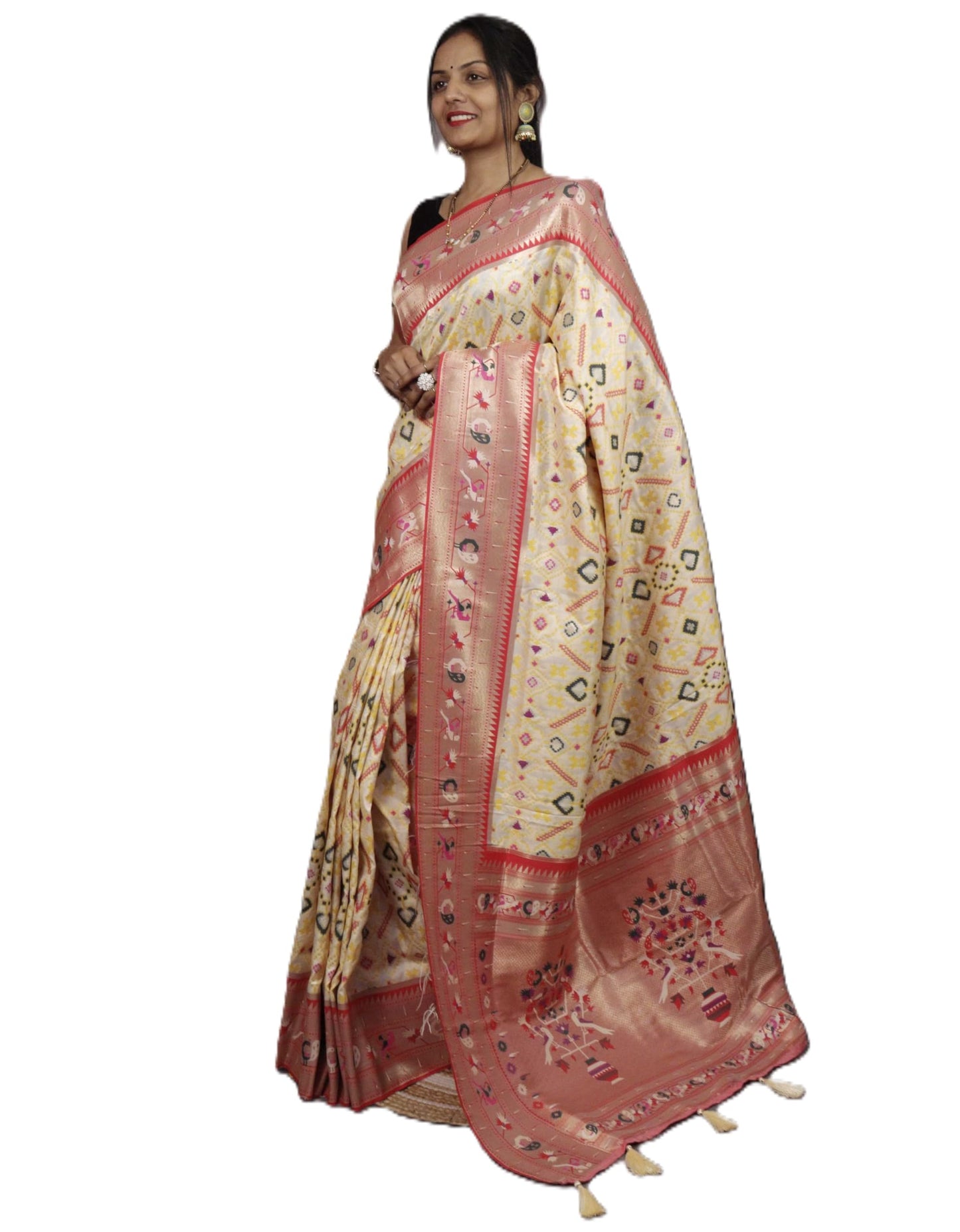 Pandadi Saree Women's Cream Pure Soft Kanchivaram Paithani Silk saree With Unstitched Blouse Piece