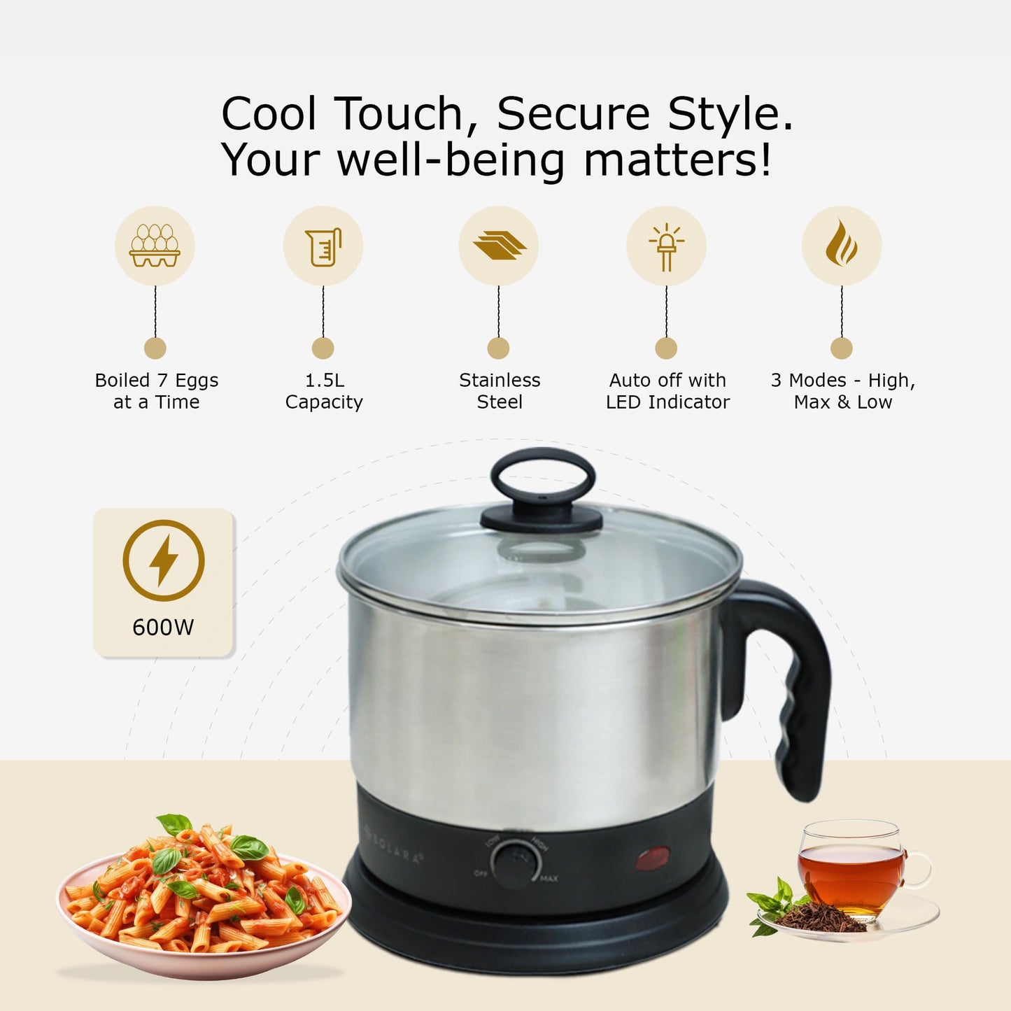 SOLARA Electric Kettle Multipurpose 1.5 Litre, 600 Watts, Stainless Steel Body with Glass Lid, 3 Boiling Modes, for Hot Water, Milk, Tea, Coffee, Cooking Oats, Noodles, Soup, Egg Boiler Machine-Black