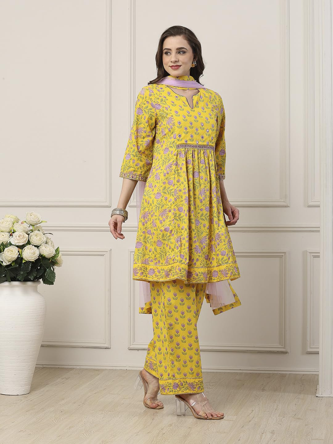 Biba Women Yellow Cotton Kalidar Suit Set_38