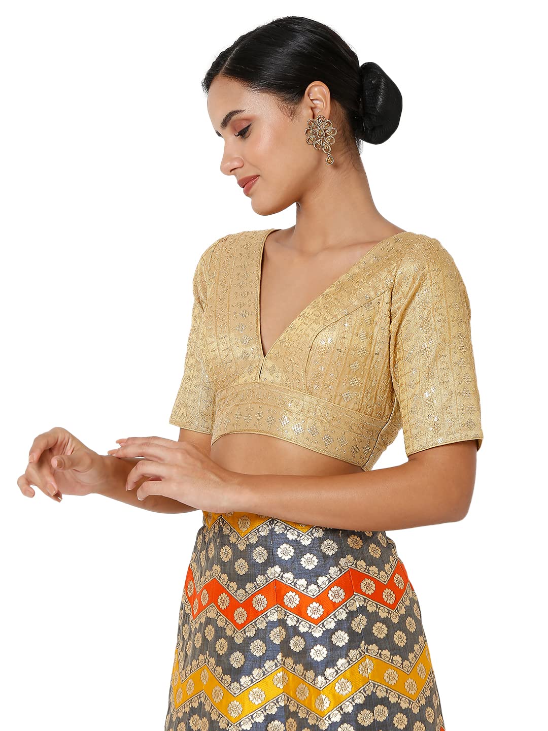 S SALWAR STUDIO Women's Dark Gold Tissue Embroidered Readymade Saree Blouse-SSB4201-DAGO