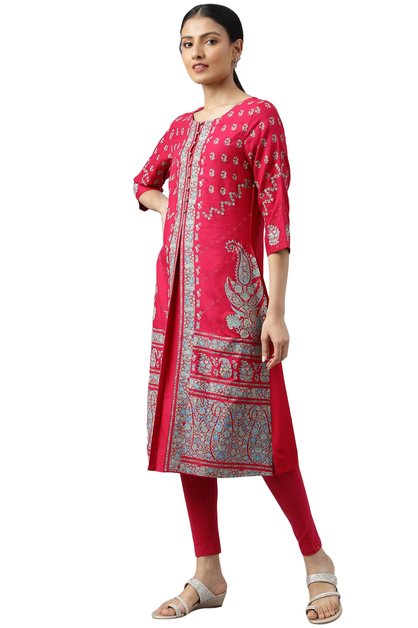 W for Woman Pink Placement Print Rayon Kurta