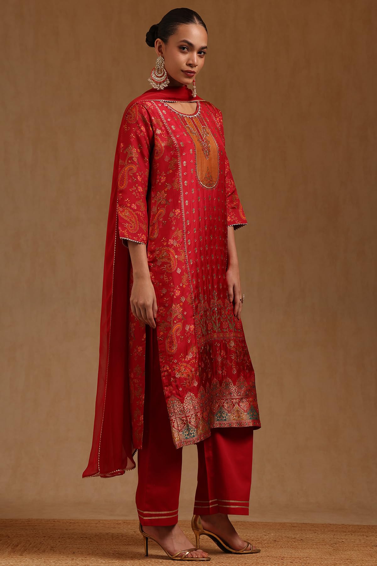 Soch Womens Red Russian Silk Ethnic Motifs Salwar Suit With Cutdana And Stone
