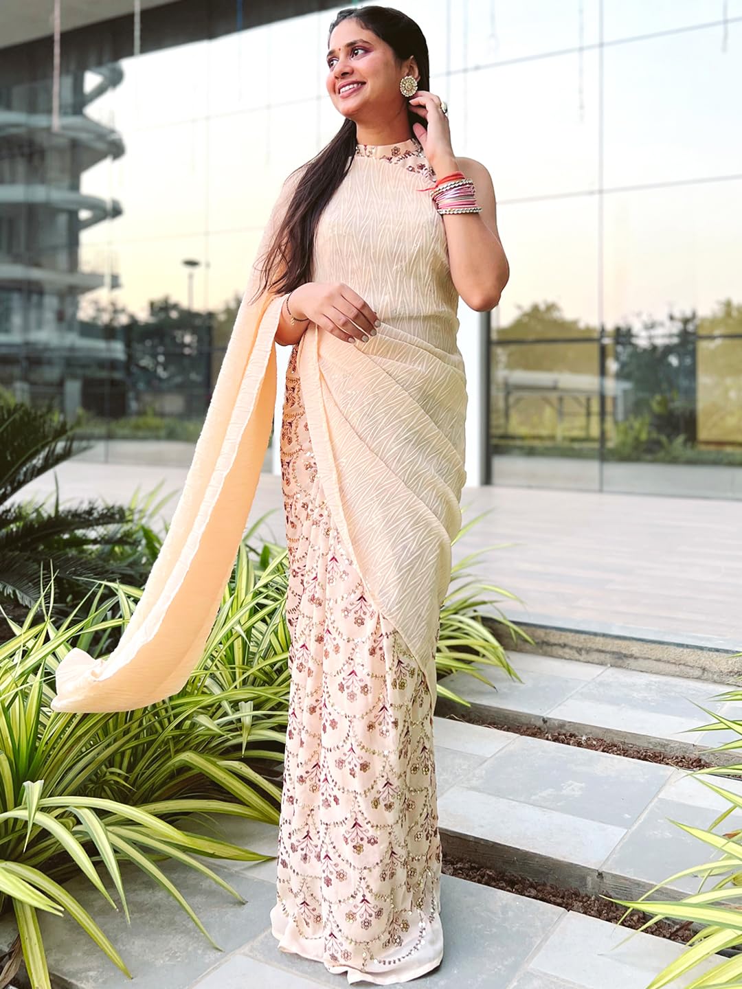 Libas Women's Georgette Saree (35002_Peach)