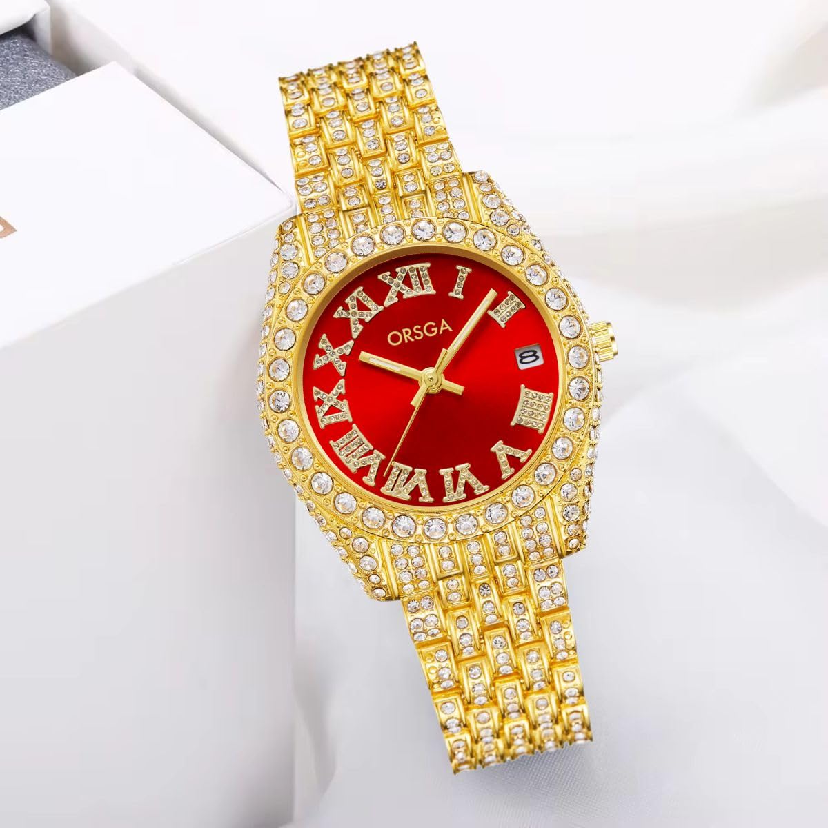 ORSGA Ornate Watch for Women Opal Red Dial Full Diamond Studded Band Gold Watch Gift for Women, Birthday Gift, Aniversary