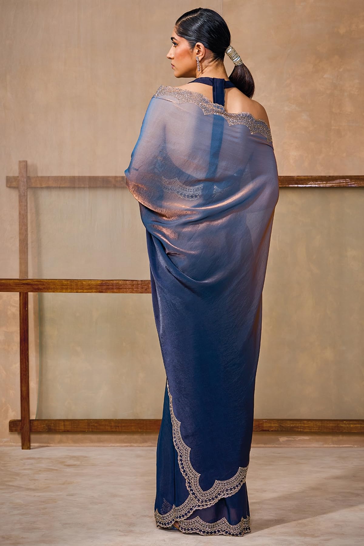 Soch Womens Navy Blue Fendy Satin Ombre Saree With Stone Work