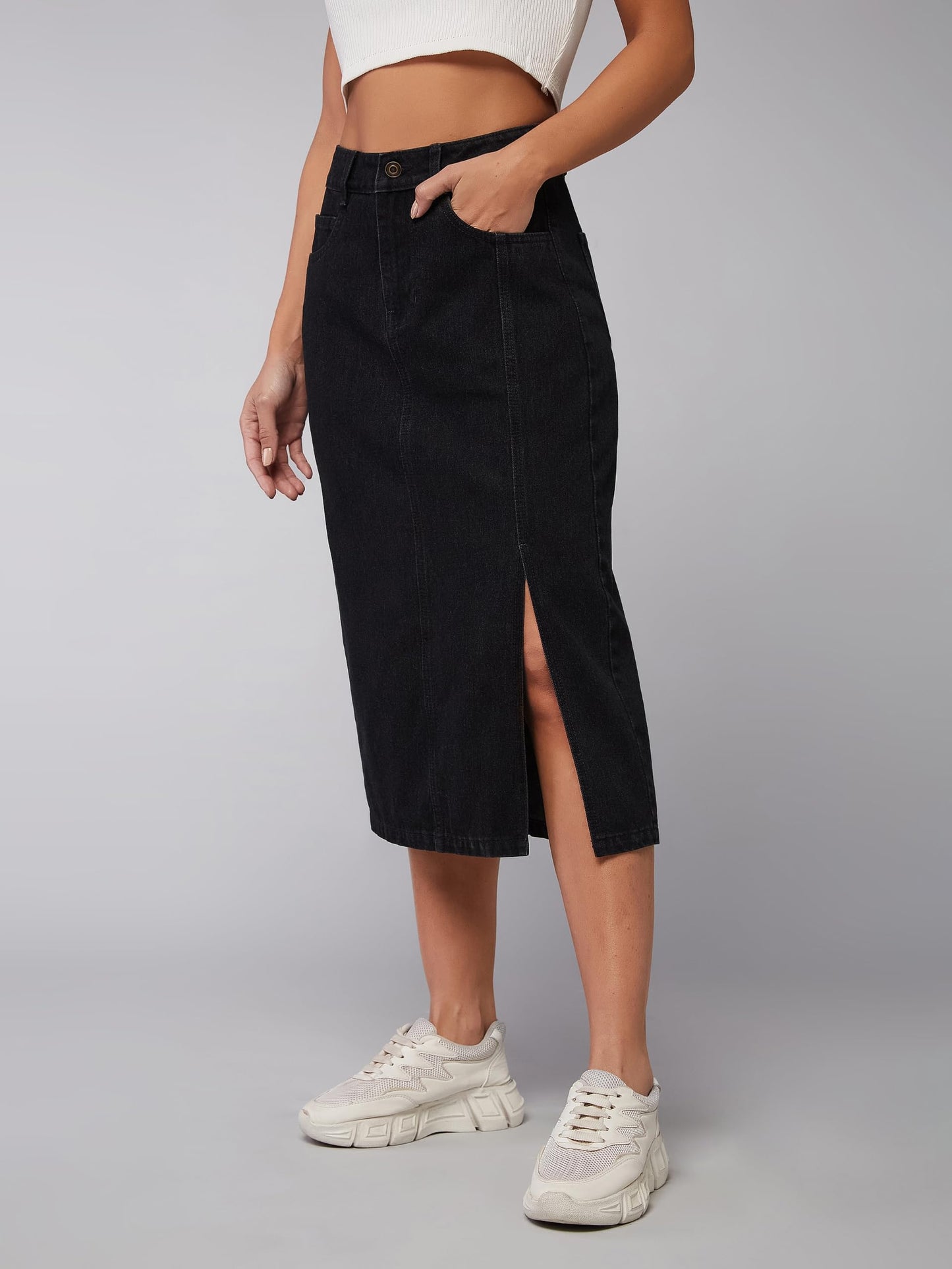 Dolce Crudo Women's High/Mid Rise Light Weight Stretchable Denim Skirt (DOSS24DEN79-05-338-32, Smokey Black, 32)