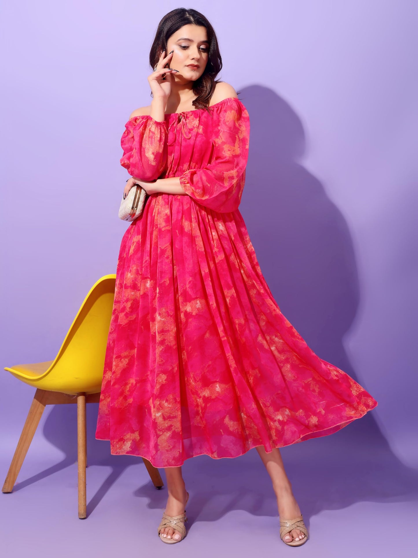 Attire Empire Women Printed Fit and Flare Dress Pink