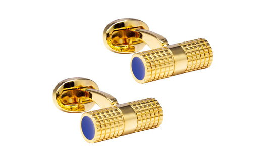 Knighthood Gold Checkered Cylinder with Blue Tips Cufflinks for Men