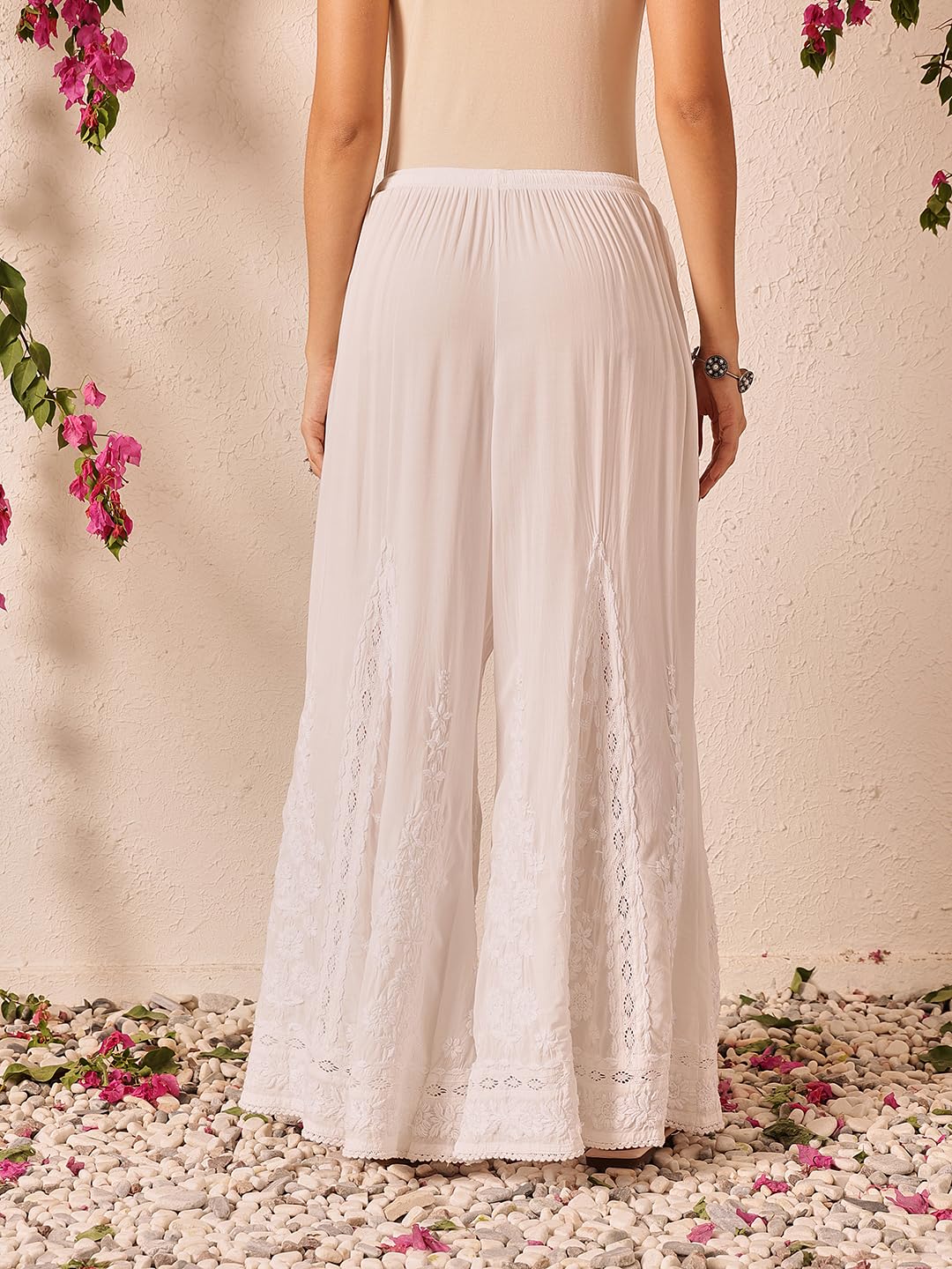 Ada Lucknowi Chikankari Hand Embroidered Modal Flared Palazzo for Women A711199 White