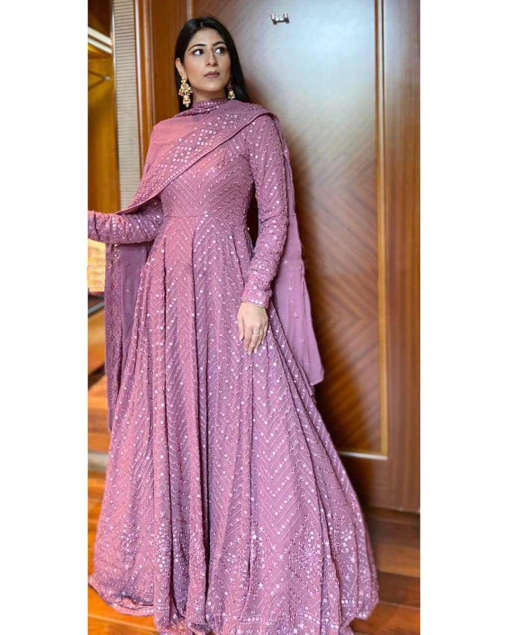Omkar Textile's Women Light Purple Georgette Anarkali Gown With Dupatta Set (Ready To Wear) For Wedding, Evening,Party, Brthday Etc. (Xx-Large)