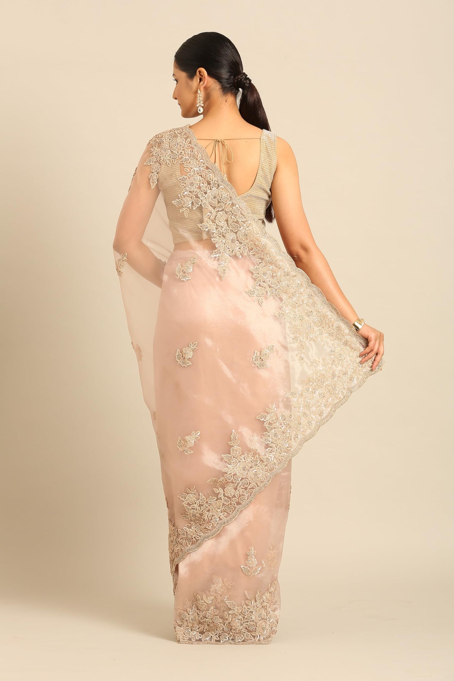 MOHEY Women's Fawn Organza Embroidered Sequins Saree