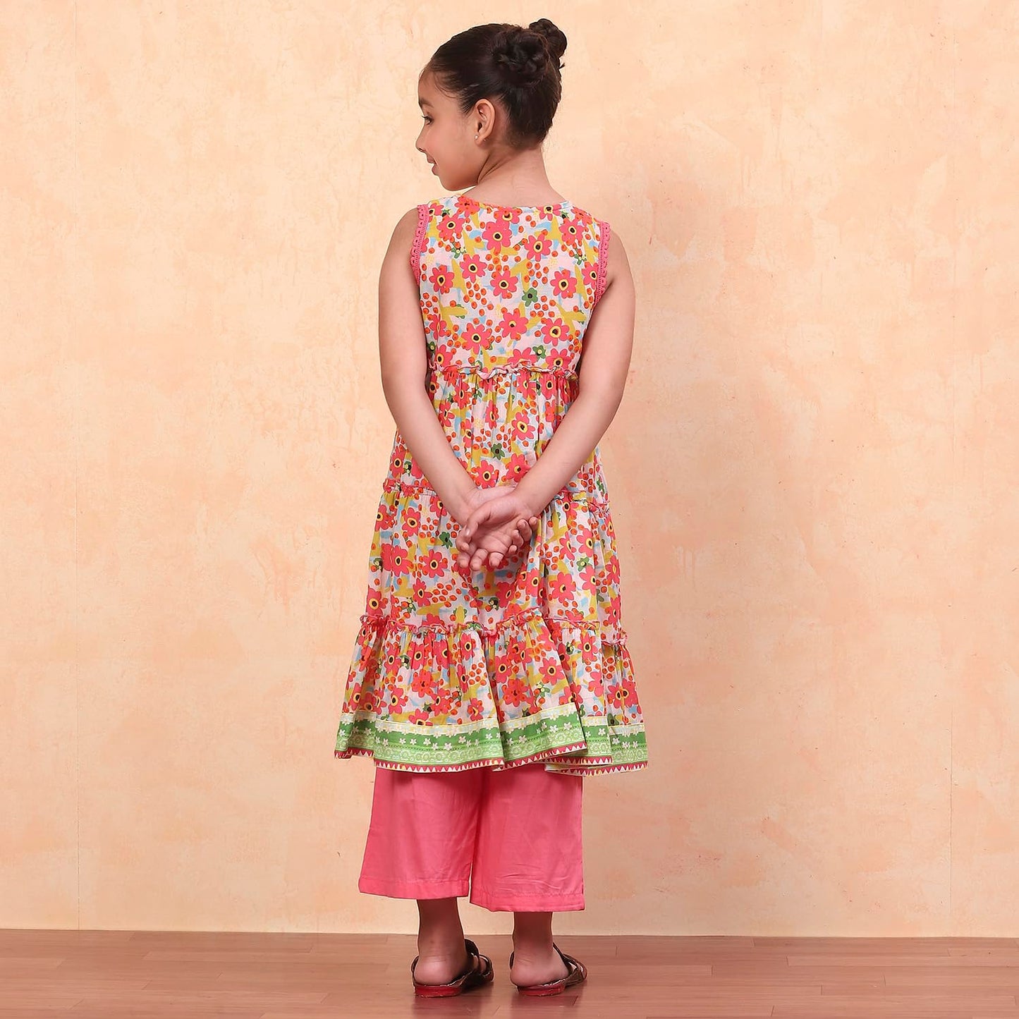 BIBA Girls Coral Tiered Cotton Printed Kurta suit set