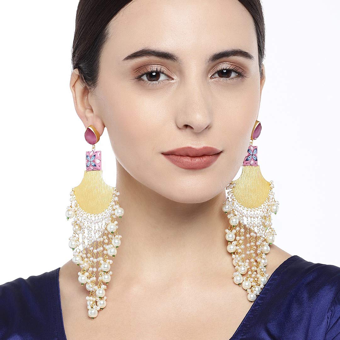 Accessher Gold Plated Statement Modern Chandbali Style Chandelier Dangle Earrings with Pearl Drop Tassels and Push Back Closure for Women and Girls Pack of 1 Pair