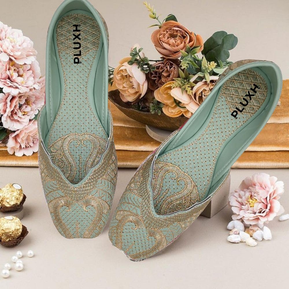 Pluxh Women's Mt-Green Embroidered Traditional Flats Punjabi Jutis 5 UK