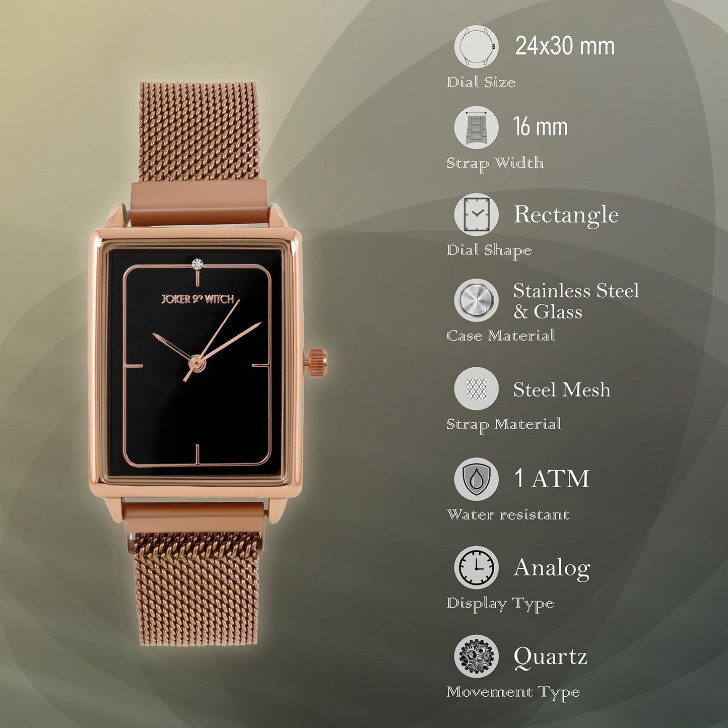 Joker & Witch Quad Black Rectangle Dial Rosegold Mesh Strap Analog Women's Watch