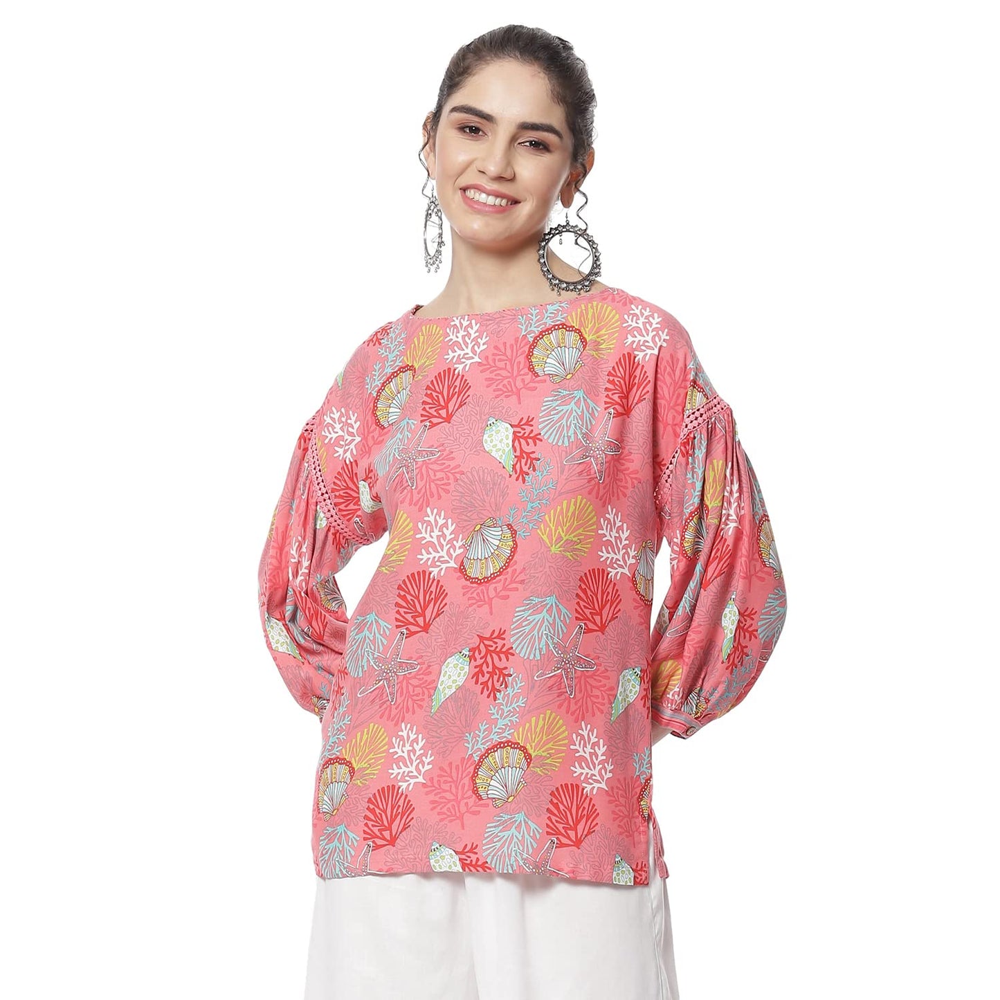 Rangriti Women's Coral Printed Straight Viscose Ethnic Top (RMMEASY BRE18098_M)