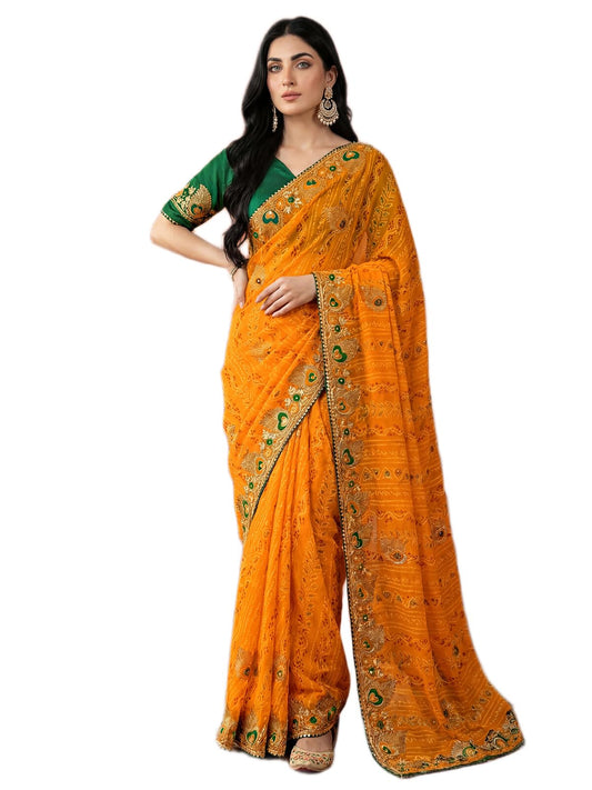 SIRIL Women's Georgette Embroidery Gota Lace Bandhani Printed Saree with Unstitched Blouse Piece (4524S373AA_Yellow)