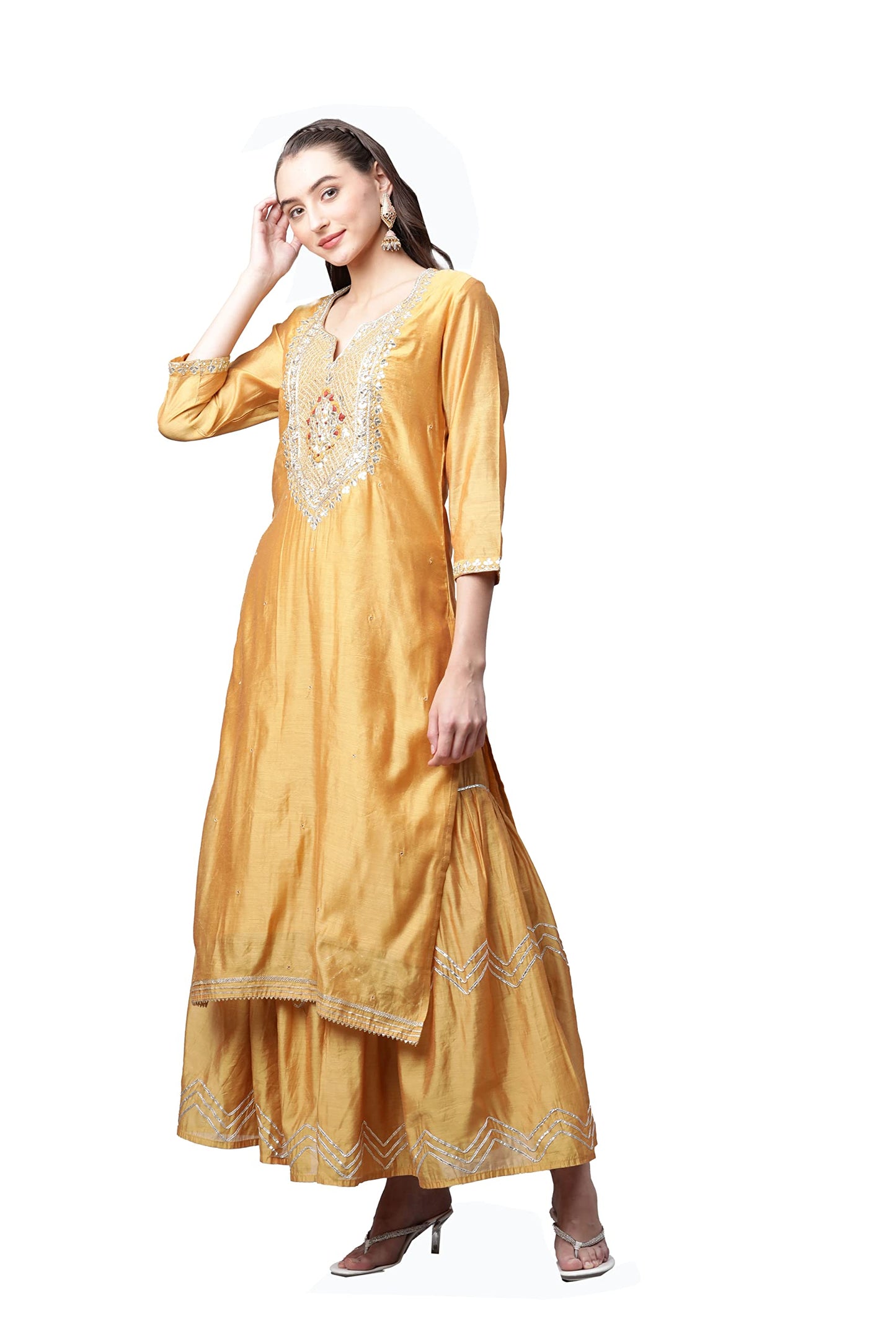 Divena Yellow Gold Solid Chenderi Kurta Sharara Set with Dupatta-DK0738-3XL