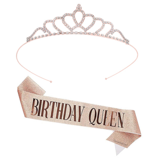 Curated Cart Stylish Birthday Sash and Crown Set - 2 Pcs | Birthday Queen Crown & Sash for Best Friend, Sister, Teenager | Perfect Gifts & Decorations - RoseGold