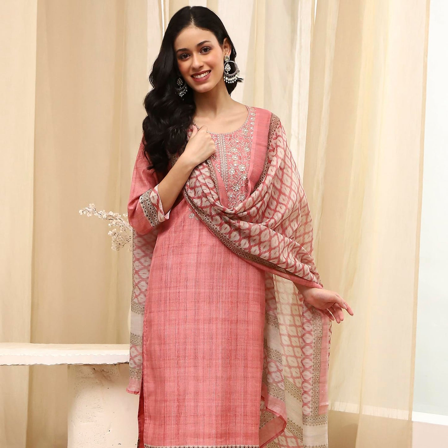 BIBA Women Peach Cotton Machine Embroidered Unstitched Suit Set_FREE SIZE