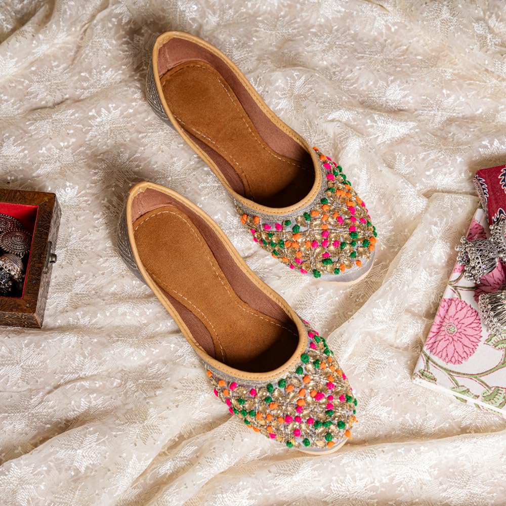 Indifeet � Jutti for Women, Punjabi Juti mojaris, Stylish mojri Footwear, New Juttis Ethnic Traditional Girls Rajasthani Ladies Shoes Jaipuri Wedding Bridal mojdi Grey Multicolor (8)