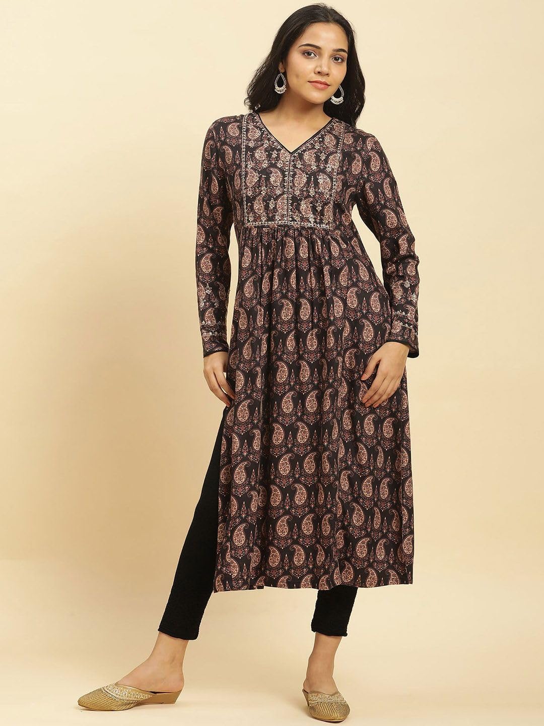 W for Woman Pink Floral Embroidered Winter Kurta (Size: XL)-24NOW10350-219965